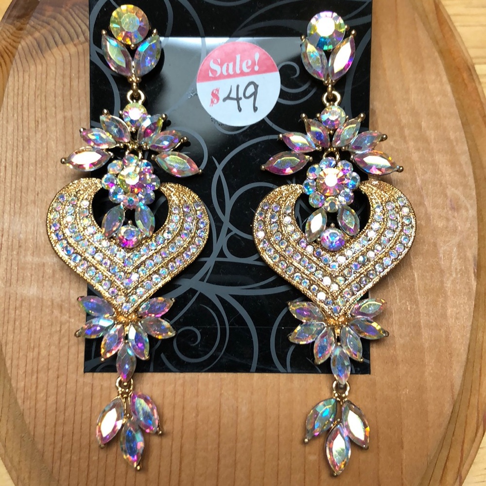 💃Crystal Baguette Chandelier Heart Shape Gold Earrings